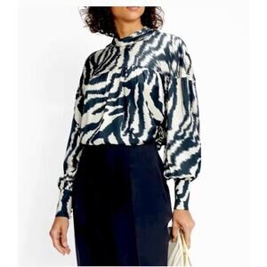 Ted Baker Zebra Print Blouse Mock Neck Button Cuff Back Keyhole Top sz 2 (10)